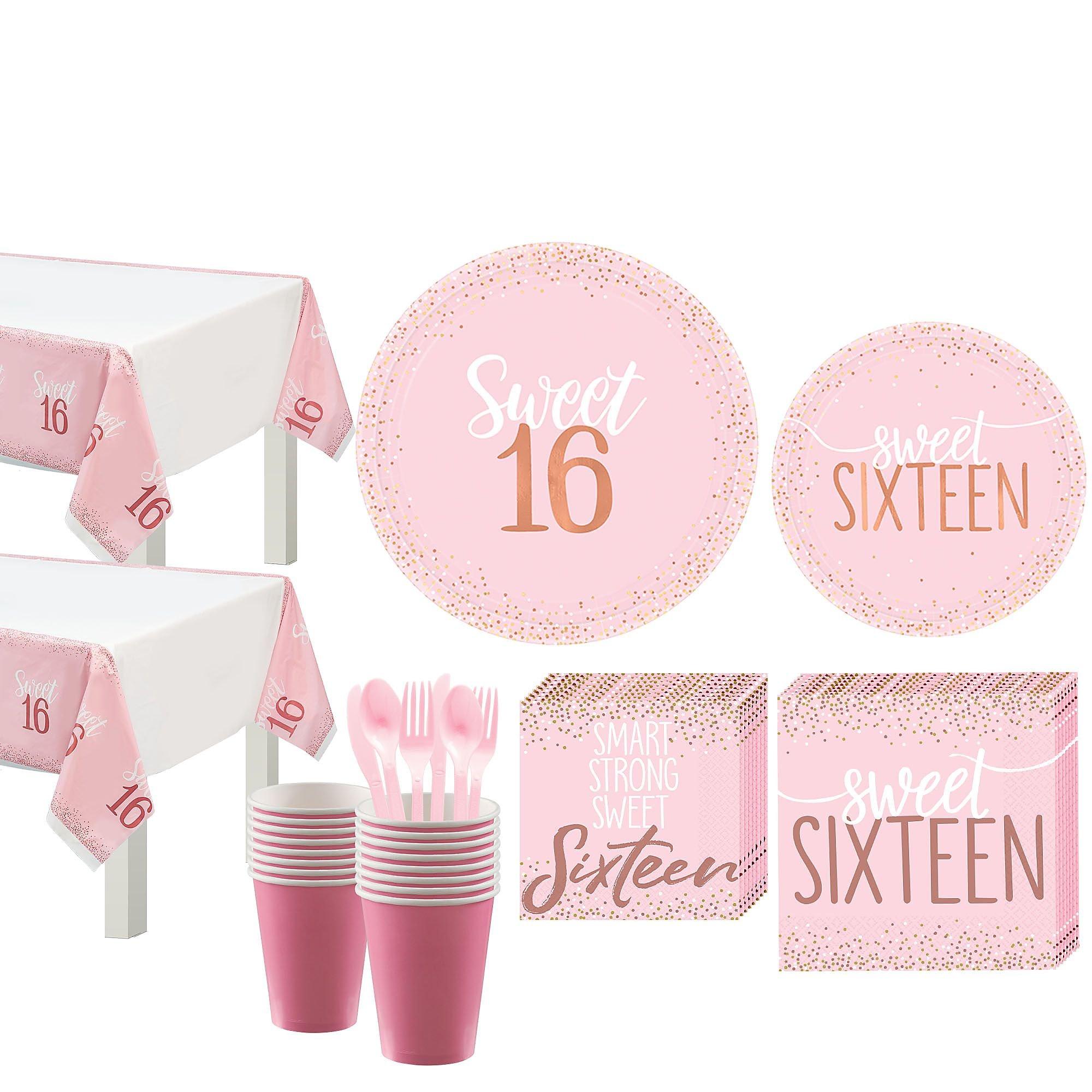 Metallic Rose Gold Pink Sweet 16 Tableware Kit for 16 Guests